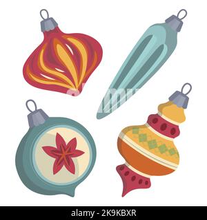 weihnachten Retro Spielzeug auf weihnachtsbaum flach Vektor weihnachtskugeln Stock Vektor