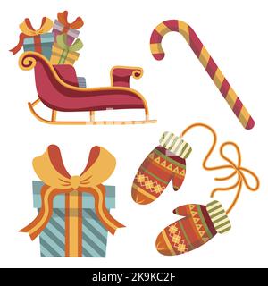 weihnachten flache Vektor-Set von Neujahr Bilder, Schlitten, Handschuhe, weihnachtsbonbons Stock Vektor