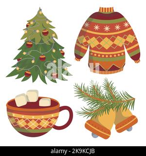 Eine Reihe von Vektorbildern eines Weihnachts-Neujahrspullovers im Ornament Weihnachtsbaum Stock Vektor