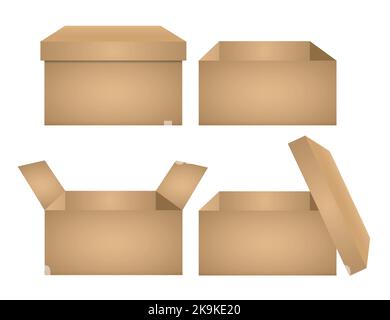 Verpackung für die Kartonlieferung offene und geschlossene Box mit zerbrechlichen Zeichen. Karton-Mockup-Set Stock Vektor