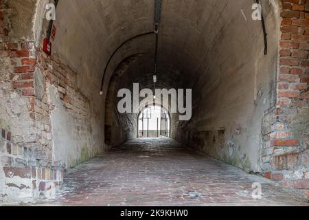 Tunnel durch die Festung in der Altstadt von Zamość. Tonnengewölbe. Gemauerter Gang. Zamosc, Polen Stockfoto