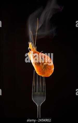 Gedämpfter Garnelendampf auf Gabel isoliert schwarzen Hintergrund Kopieplatz. Isoliert schwarzen Hintergrund Backlight hintergrundbeleuchteten Food-Konzept bereit zu essen Stockfoto