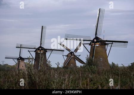 Wunderschöne Landschaften in den Niederlanden. Historische niederländische Windmühlen in Kinderdijk an einem bewölkten Herbsttag. UNESCO-Weltkulturerbe. Natürlicher Blick aus der Ferne. Auswahl Stockfoto