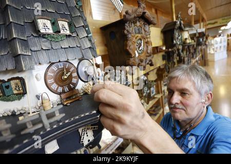 28. Oktober 2022, Sachsen-Anhalt, Gernrode: Uhrmachermeister Uwe Bergmann überprüft in den Museumsräumen der ehemaligen Harzer Uhrenfabrik in Gernrode das Uhrwerk einer Kuckucksuhr mit Stethoskop. Rund 300 verschiedene Kuckucksuhren und weitere Exponate werden hier auf 800 Quadratmetern präsentiert. Das Uhrenmuseum verfügt auch über einen Werkstattbereich, in dem Kuckucksuhren und auch andere Uhrwerke fachmännisch repariert werden. Hauptattraktion des Museums ist die größte Kuckucksuhr außerhalb des Schwarzwaldes mit einer Höhe von 14,50 Metern. Am letzten Sonntag im Oktober beginnt die sogenannte Winterzeit. Im Stockfoto