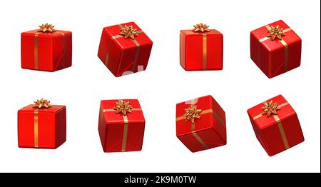 Rote weihnachtsgeschenke auf weißem Hintergrund, verschiedene Blickwinkel - 3D Rendering Stockfoto