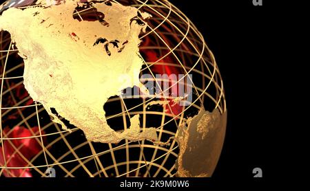 golden Earth Globe Metallic Finish schwarzer Hintergrund - 3D Rendering Stockfoto