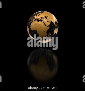 golden Earth Globe Metallic Finish schwarzer Hintergrund - 3D Rendering Stockfoto