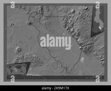 Chikwawa, Bezirk von Malawi. Bilevel-Höhenkarte mit Seen und Flüssen. Orte und Namen der wichtigsten Städte der Region. Zusätzliche Ecklokation Stockfoto