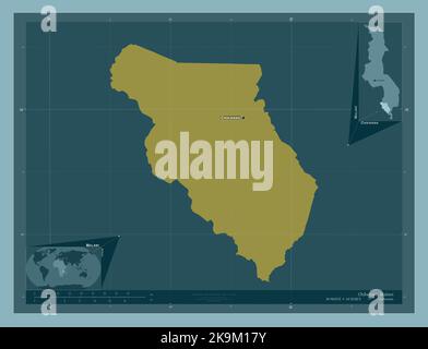 Chikwawa, Bezirk von Malawi. Einfarbige Form. Orte und Namen der wichtigsten Städte der Region. Karten für zusätzliche Eckposition Stockfoto