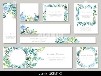 Set aus grünlichen floralen Hintergründen mit Textbereich isoliert auf Grauem Hintergrund, Vektorgrafik. Stock Vektor