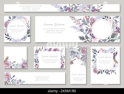 Satz pastellfarbener Blumenhintergründe mit Textbereich isoliert auf Grauem Hintergrund, Vektorgrafik. Stock Vektor
