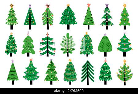 Geschmückter Baum des neuen Jahres. Moderne Cartoon Weihnachtstanne mit Dekorationen, Neujahr Weihnachten Symbole der fröhlichen Feier. Vector Wintersaison eingestellt Stock Vektor