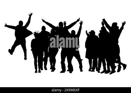 Große Gruppe von Menschen. Fröhliche Menschen mit feiern.Silhouette von Menschen in Party oder Urlaub.Jumping Freunde.Teamwork, Meeting oder Familienkonzept Stock Vektor