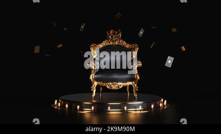 Gold schwarz bergere, Spielkarten fliegen im Dunkeln hinter einem Gold schwarz bergere 3D Rendering Stockfoto