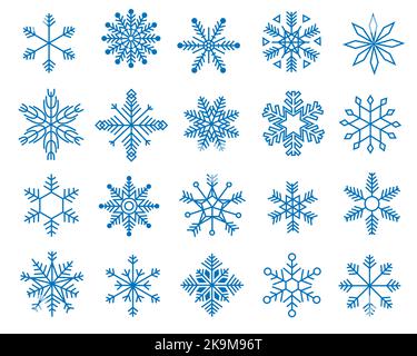 Schneeflocken kritzeln. Variationen von Winter blau symmetrische Schneeflocken, geometrische gefrorene Kristall-Ikonen Weihnachten Neujahrsdekoration. Vector Kollektion Stock Vektor