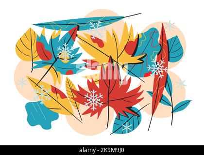 Blätter mit Schneeflocken bedeckt, Herbst - Winter, Wechsel der Jahreszeiten, Symbol der kommenden Feiertage, Vektor-flache Abbildung Stock Vektor