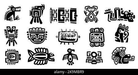 Mexikanische Götter Symbole. Abstract azteken Tier Vogel Totem Idole, alte inka maya Zivilisation primitive traditionelle Zeichen. Vector Kollektion Stock Vektor