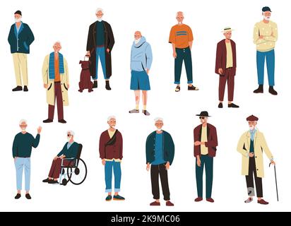 Alte Männer. Ältere männliche Charaktere im modernen Cartoon-Stil, aktive glückliche Rentner lächelnde Großpas in verschiedenen Posen. Vektor-isolierte Sammlung Stock Vektor
