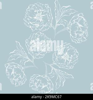 Handgezeichnetes Vektor-nahtloses Muster mit Pfingstrosen-Blüten, Knospen und Blättern. Isoliert auf weißem Hintergrund. Design für Einladungen, Hochzeiten oder Grußformel Stock Vektor