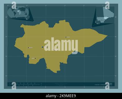 Mopti, Region von Mali. Einfarbige Form. Orte und Namen der wichtigsten Städte der Region. Karten für zusätzliche Eckposition Stockfoto