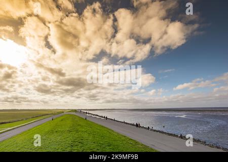 Sonne hinter den Wolken über dem Deich am Wattenmeer in Lauwersmeer, Niederlande Stockfoto