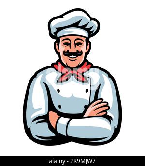 Happy Chef in Hut-Emblem und Logo. Badge „Koch“, „Bäcker“. Essen, Restaurantkonzept. Cartoon farbige Vektorgrafik Stock Vektor