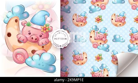 Schwein im Mond - nahtloses Muster Stock Vektor