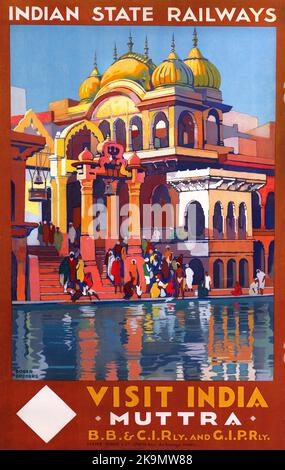 Vintage 1930er India Travel Poster - Indian State Railways - Visit India, Muttra. Badegurken auf dem Yamuna River in Mathura in Uttar Pradesh Stockfoto