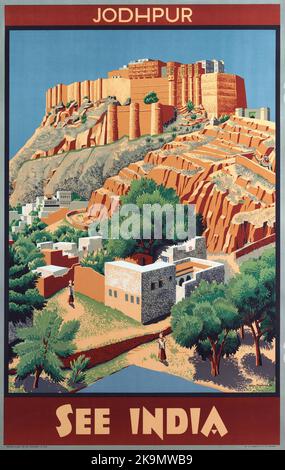 Vintage 1930er India Travel Poster - Siehe India/Jodhpur, Mehrangarh Fort 1934 Stockfoto