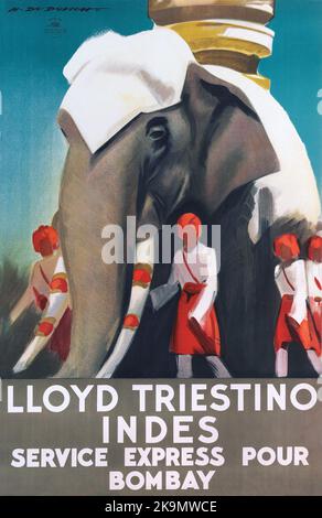 Vintage 1930er India Travel Poster - LLOYD TRIESTINO INDIA Express Service nach Bombay über Italien - Schifffahrtsunternehmen - Marcello Dudovich. 1938 Stockfoto