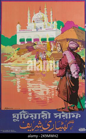 Vintage Art Deco Travel Poster - Indien, Kalkutta ( Kalkutta) Pilger auf dem Hooghly River oder die 'Bhāgirathi-Hooghly' um 1930 Stockfoto