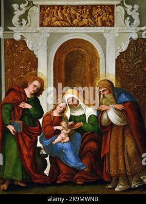 Madonna mit Kind mit der heiligen Anna, dem heiligen Jochim und dem heiligen Johannes dem Evangelisten von Ludovico Mazzolino (1480–1530) Italien Italienisch Stockfoto