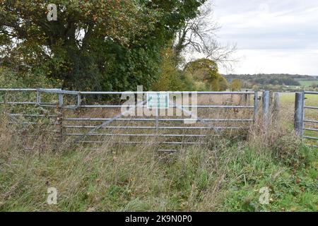 Privat Kein Öffentliches Wegrecht Farm Gate, Krabbenäpfel Im Hintergrund Unterhalb Galgen Down West-Berkshire, Übernahme Der Natur. Stockfoto