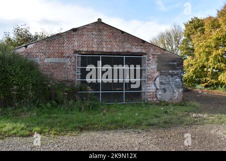Verkommen Red Brick Farm Building Mit Graffiti, Urban Kommt Ins Land Unter Galgen Down Nr Inkpen West Berks. Alte Rave-Site. Herbstbäume Stockfoto
