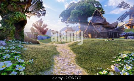 Kleine, wunderschöne Fantasy-Cartoon-Dorfszene, 3D-Rendering Stockfoto
