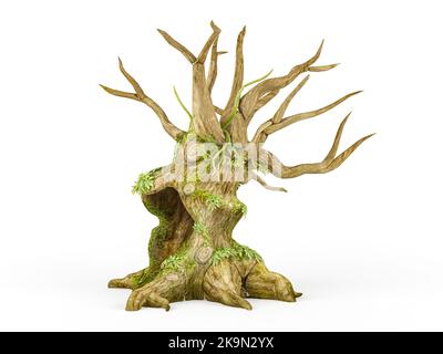 Erschreckender toter Baum mit schleichender Pflanze auf weißem Hintergrund isoliert, 3D-Rendering Stockfoto