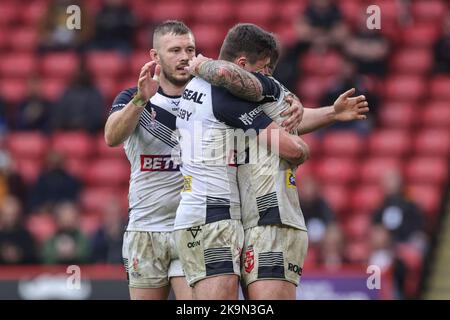 Andy Ackers aus England feiert seinen Versuch beim Rugby League World Cup 2021 Spiel England gegen Griechenland in der Bramall Lane, Sheffield, Großbritannien, 29.. Oktober 2022 (Foto von Mark Cosgrove/Nachrichtenbilder) Stockfoto