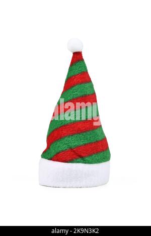 Grün und rot gestreifter Weihnachtsmann Hut auf weißem Hintergrund Stockfoto