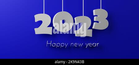 2023 Neujahrshintergrund in 3D Rendering, Neujahrsfeier 2023, blaues Banner für Silvester, 3D Illustration für den Wunsch Neujahrsfest Greeti Stockfoto