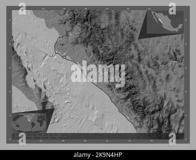 Sinaloa, Bundesstaat Mexiko. Bilevel-Höhenkarte mit Seen und Flüssen. Karten für zusätzliche Eckposition Stockfoto