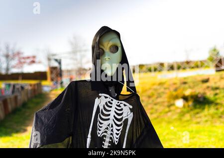 Fotozone für Halloween mit festlichen handgefertigten Utensilien. Monsterdekorationen für Halloween im Freien Stockfoto