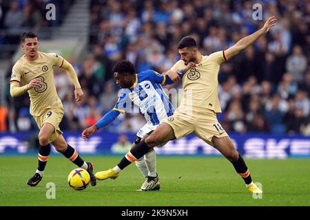 Tariq Lamptey von Brighton und Hove Albion sowie Armando Broja von Chelsea (rechts) kämpfen während des Premier League-Spiels im Amex Stadium in Brighton um den Ball. Bilddatum: Samstag, 29. Oktober 2022. Stockfoto