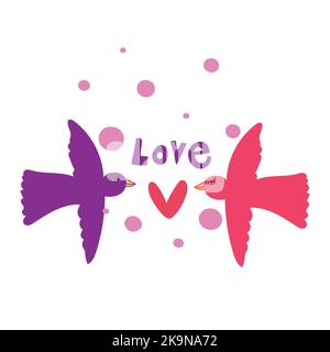 Zwei niedliche Cartoon-Stil Vögel mit Herz und Wort Liebe. Wandtattoos, Kunstdekor. Vektorgrafik Stock Vektor