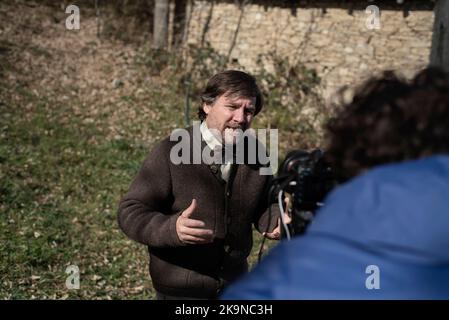 Paraloup, Italien. 21. Oktober 2017. Der Schriftsteller und Kolumnist Luca Mercalli zu Gast in Paraloup (Cuneo) Stockfoto