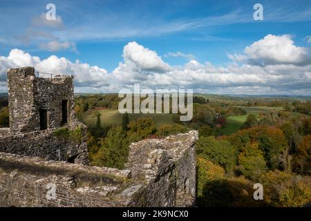 Dinefwr Castle ist eine Burgruine mit Blick auf den Fluss Tywi in der Nähe der Stadt Llandeilo, Carmarthenshire, Wales. Sie liegt auf einem Grat auf der nördlichen BA Stockfoto