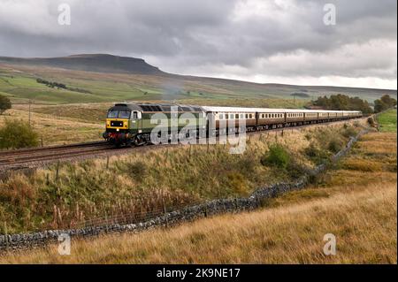 Eine alte Diesellokomotive fährt auf der Linie Settle-Carlisle in Ribblesdale, im Yorkshire Dales National Park, auf einer Bahntour am Gipfel von Pen-y-ghent vorbei. Stockfoto