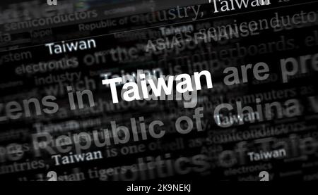 Schlagzeilen in internationalen Medien mit Taiwan, taiwanesischer Wirtschaft und Politik. Abstraktes Konzept von Nachrichtentiteln auf Noise Displays. TV-Fehler eff Stockfoto