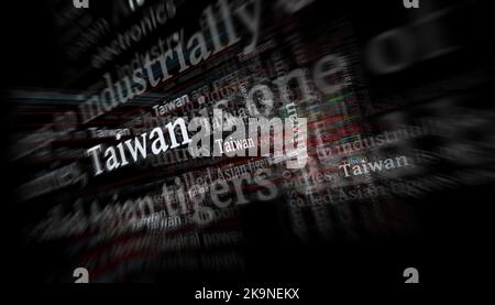 Schlagzeilen in internationalen Medien mit Taiwan, taiwanesischer Wirtschaft und Politik. Abstraktes Konzept von Nachrichtentiteln auf Noise Displays. TV-Fehler eff Stockfoto