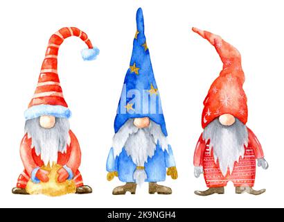 Aquarell Set von Weihnachten Cartoon Gnome. Handbemalte Illustration mit fantastischen Charakteren. Zwerge in roten Kostümen und Kapuzen. Alter Assistent Stockfoto