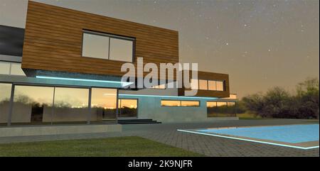 Modernes minimalistisches Haus unter dem Sternenhimmel. Beleuchtung mit LED-Streifen entlang der Fassade. Die Wände sind mit Holz und Beton ausgestattet. 3D Rendern Stockfoto